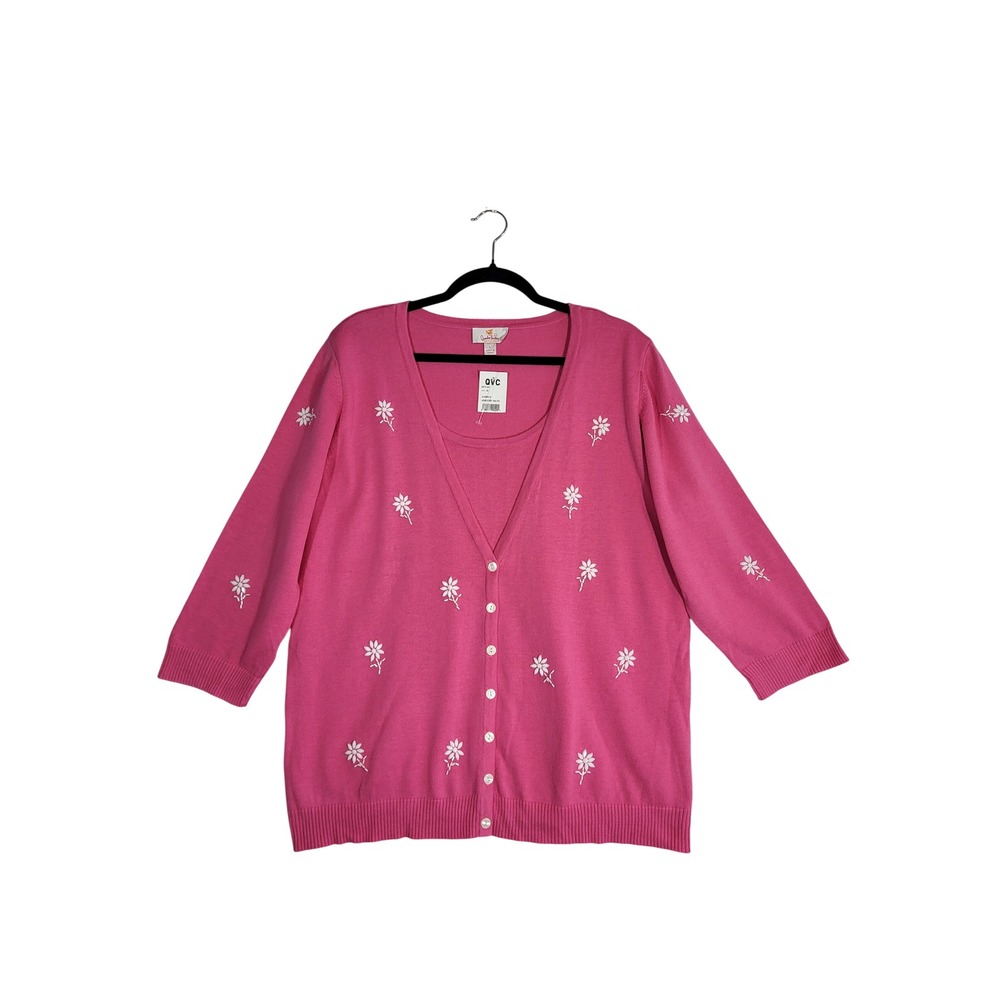 Quacker Factory Pink Daisy 2-in-1 Cardigan L 14/16 Beaded Floral Button Up NEW